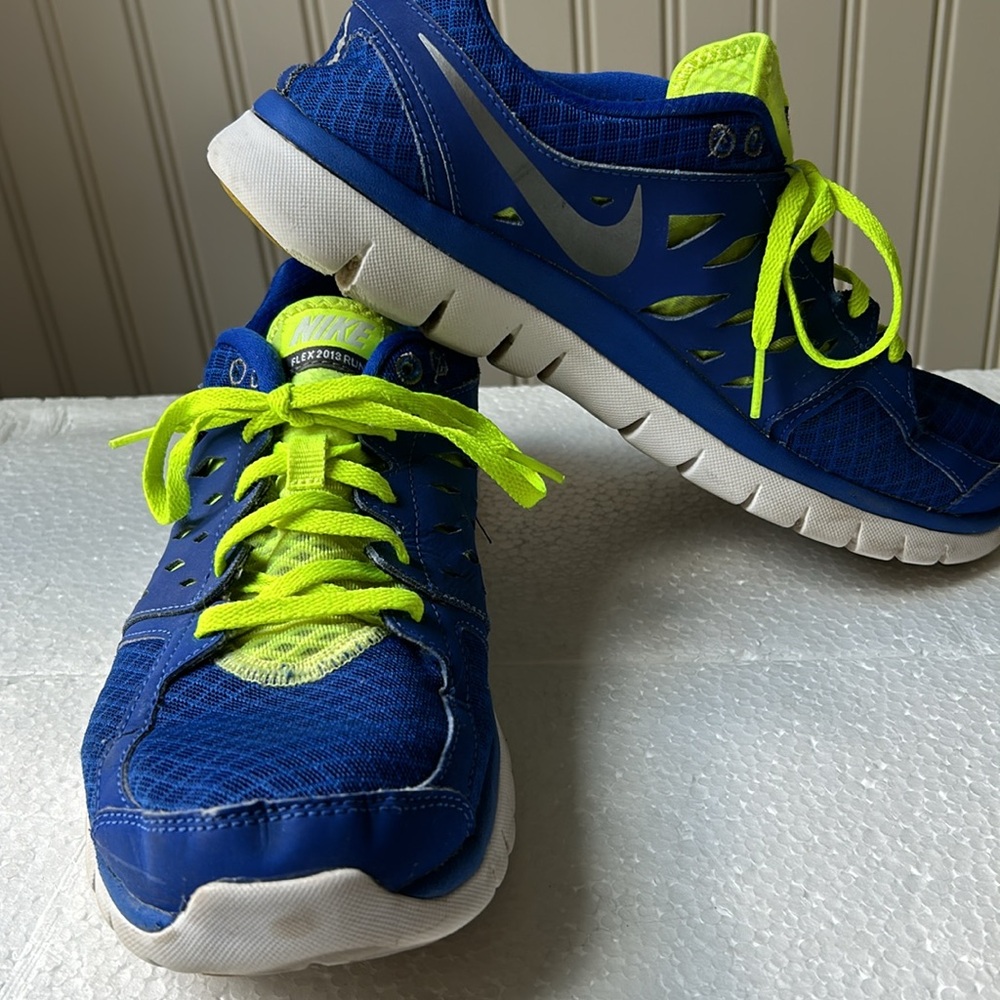Nike Flex 2013 Run jog Mens lace up sneakers fitsole cushion size 9 blue/lime
